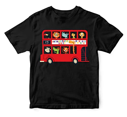 Image of Boys & Girls Cute Animals on The Red Double Decker London Bus Transport Theme 100% Cotton Unisex Kids T-Shirt