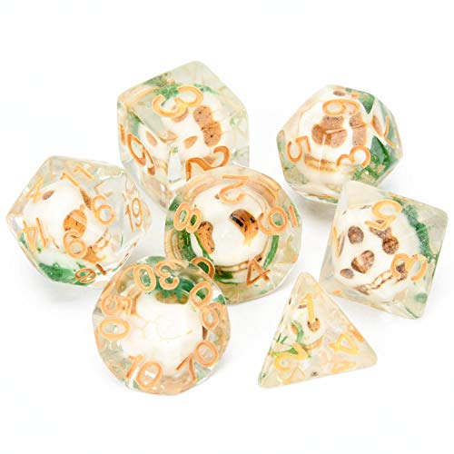 FLASHOWL DND Skull Dice Set Horror D&D Dice with Skull and Moss Inside 7 Pcs DND Dice Set D20, D12, D10, D8, D6, D4 Polyhedral Roleplaying Game Dice Set Dungeons and Dragons Dice (7 Pieces)