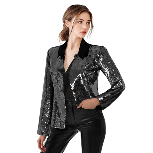 Women's Sequin Jackets Long Sleeves Single Button Casual Sparkly Coat with Pocket