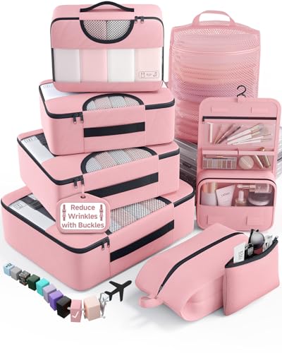 Veken 8 Set Packing Cubes for Travel Essentials Anti-Wrinkle Buckled Suitcase Organizer for Shoe & Toiletry Bag Carry On Luggage Bag with 99+ Count Mesh Holes for Airplane & College Dorm Accessories