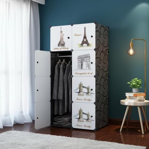 Image of KRISHYAM Kids Modular Storage Cabinet with Travel Landmark Design Doors, 8 Cube Plastic Wardrobe Organizer, DIY Closet System with Hanging Rod, Toy & Clothes Storage (Tower Print, 8 Box)