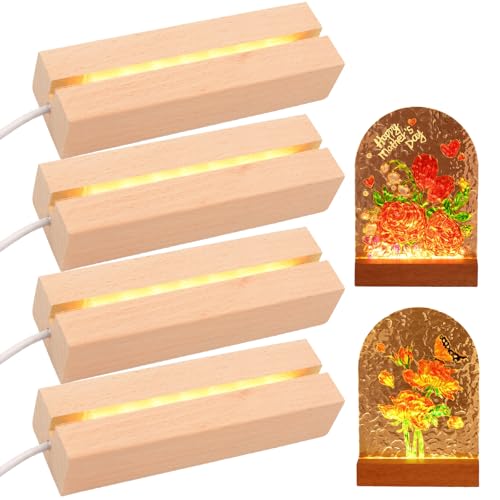 GOMETY Set di 4 piedistalli luminosi LED in legno USB, per vetro acrilico, colore caldo, base in legno LED, base per display cristallo, sfera di vetro acrilico, gioielli in resina, confezione da 4