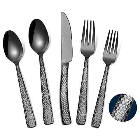 VIVANI Theoson 20-Piece Black Heavy Silverware Set for 4, Thicken Stainless Steel Utensils Set, Hammered Cutlery Flatware Set for Kitchen, Dishwasher Safe Cover