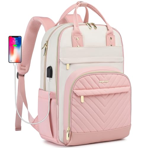 bagswan Laptop Backpack for Women Work - 15.6 Inch Travel Backpack Fashion Work Business Backpacks Purse Warterproof College Teacher Nurse Computer Daypack Beige Pink