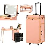 Rolling Manicure Table with LED Mirror, Portable Nail Desk Mobile Nail Station w/ Wrist Pad, Acrylic Case, Foldable Desk, & 4 Drawers, Travel Makeup Case Cosmetic Trolley on Wheels, Rose Gold