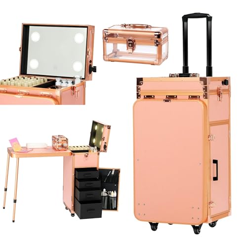 Rolling Manicure Table with LED Mirror, Portable Nail Desk Mobile Nail Station w/ Wrist Pad, Acrylic Case, Foldable Desk, & 4 Drawers, Travel Makeup Case Cosmetic Trolley on Wheels, Rose Gold