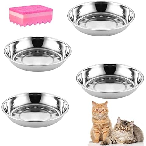 Mechpia 4 Pack Stainless Steel Whisker Relief Cat Food Bowls, Whisker Fatigue Relief Cat Food Dish, Metal Shallow and Wide Replacement Plate for Dog Pet Feeding Stand 6.3 Inch Cover