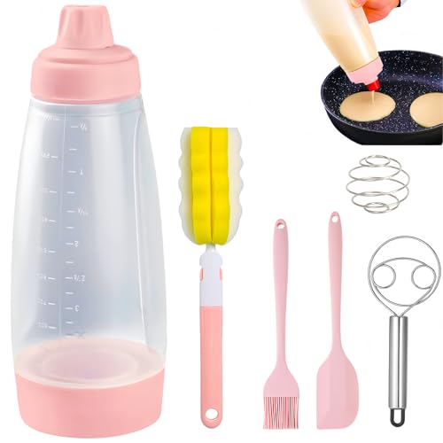 Pancake Batter Dispenser with Wire Whisk, BlenderBall, Silicone Spatula and Brush, Cleaning Brush, 1000 ML Large Capacity Leak-Proof Design for Pancakes Waffles Muffins and Crepes by Yzufyys - Used condition - US$12.78
