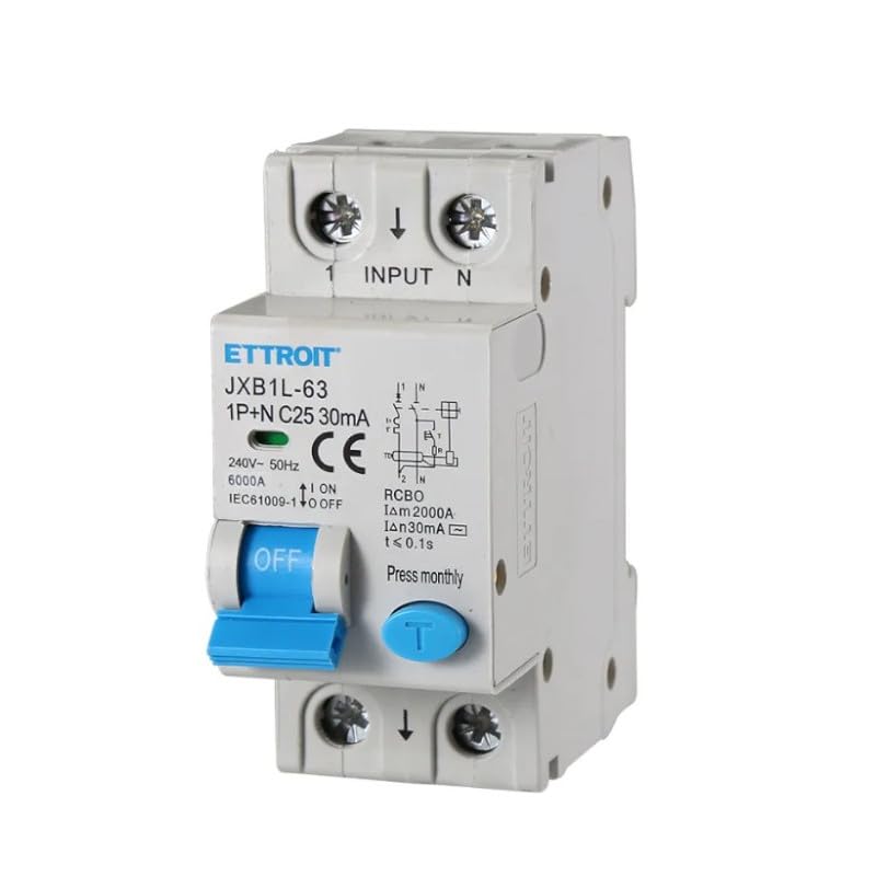 ETTROIT INTERRUTTORI MAGNETOTERMICI DIFFERENZIALI SALVAVITA PER BARRA DIN 2 MODULI 1P+N 240V 30mA 6KA (25A)