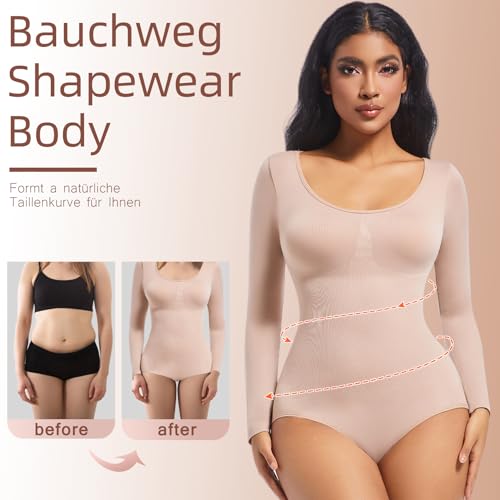 ONEW Damen Body Bauchweg Shapewear Bodysuit U-Ausschnitt Langarmbody Rundhals Unterhemd Butt Lifting Miederbody Body Shaper Beige S