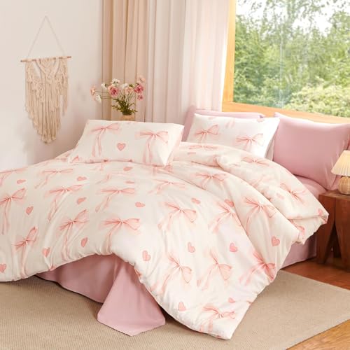 Tospass Mädchen Bettwäsche 135x200 Rosa Beige Herz Schleifen Bettwäsche Set – Ansicht 4