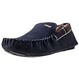 Mens Barbour Monty Suede Navy Moccasin Faux Fur Winter Durable Slippers - Navy Suede - 9