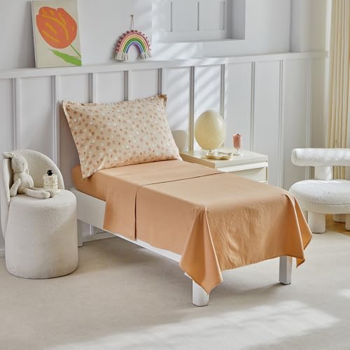 Image of DuShow Toddler Bedding Set for Girls and Boys,4 Piece Bed-in-a-Bag Toddler Comforter Sets,Orange Floral Crib Bedding Sheets Set,Include Quilt Comforter,Flat Sheet,Fitted Sheet,Pillowcase