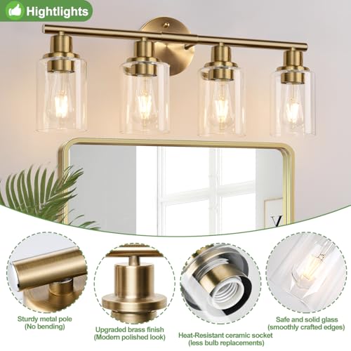 4-Light Bathroom Light Fixtures, Brushed Brass Modern Vanity Lights with Cyan Glass Shades, Bathroom Wall Lamp for Mirror Kitchen Living Room