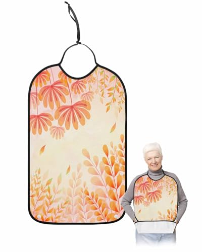 Adult Bibs for Women Men Ombre Fall Orange Plants Leaves Waterproof Apron for Elderly, Reusable Adult Bibs for Eating with Adjustable Strap Snap Closure - Washable with Optional Crumb Catcher, Large