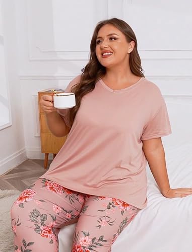 Image of Plus Size Pajamas for Women Set, Womens Plus Size Short Sleeve V Neck Capri Pants Pajama Sets with Pockets
