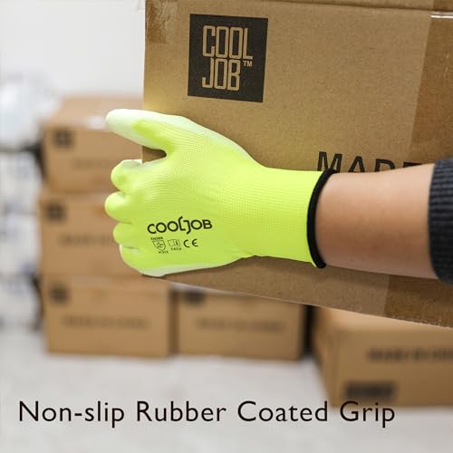 Image of COOLJOB 60 Pairs Safety Work Gloves Pack Bulk with Grip PU Coating | Breathable Lightweight Gloves with Polyurethane Dipped for Men Women, 13 Gauge Seamless Knit Thin Gloves, Yellow Small