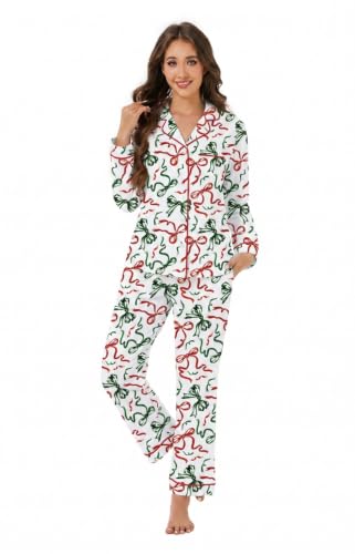 Image of LUBOT Christmas Pajamas for Women 100% Cotton Pajama 2 Piece PJ Set Soft Long Sleeve Button Xmas Print Loungewear XS-XXL