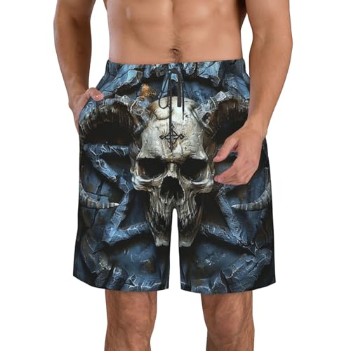 Skull and Horns Evil Pentagram Satanic Death and Dark Men's Quick Dry Swim Shorts, Mesh Lined Beach Trunks with Pockets4