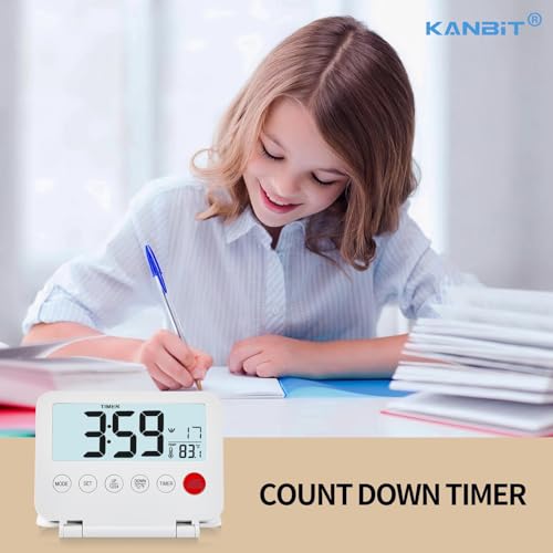 Image of KANBIT Small Digital Travel Alarm Clock, Large LCD Display Front Button with Date & Temperature, Snooze and 8 Seconds Backlight AAA Battery Operated Desk Clock for Home & Office, White