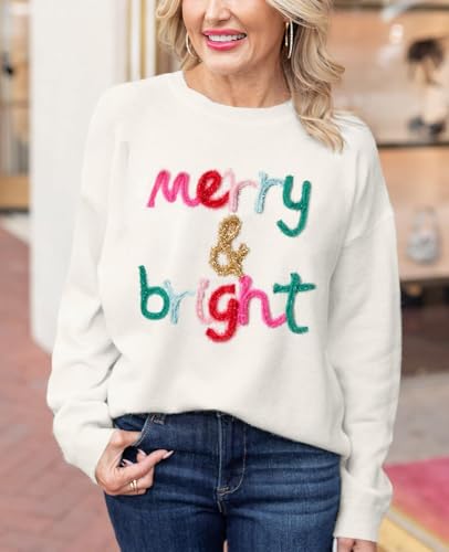Image of SELINK Women's Holiday Sweater Crew Neck Print Casual Long Sleeve Pullover | cute tops, knit graphic sweaters, sequin letters, festive outfits, comfort fit for party daily wear