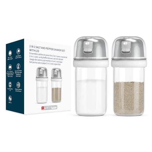 KTCHENDAO 2 in 1 Glass Salt and Pepper Shaker with Side Pour Spout, Built-in Lid for Moisture-proof, Elegant Borosilicate Glass Salt Pepper Dispenser set for Kitchen, BPA Free, 4oz (White)
