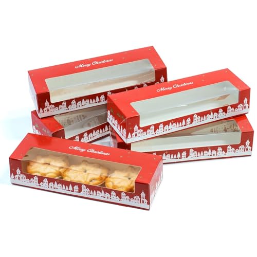 Culpitt Christmas Mince Pie Boxes | 5 Pack | Red & Gold Christmas Display Boxes With See Through Window Strong Gift Boxes For The Festive Holidays Storage Protection | 235mm x 75mm x 50mm - 5 Pack