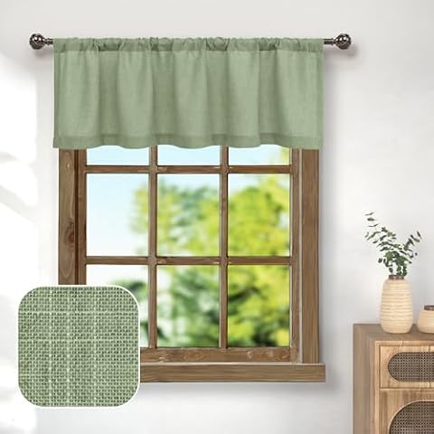 Pitalk Sage Green Linen Window Valance for Kitchen 3 Inch Rod Pocket Semi Sheer Boho Rustic Farmhouse Filtering Light Sage Valance Curtain Topper for Bedroom Living Room Dining Bathroom 18 Inch Length Cover