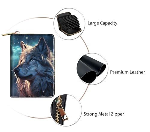 Credit Card Holder Wallets for Women, RFID Blocking Small Leather Card Case Wallet with Zipper Accordion Wallets - Wolf3