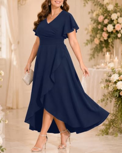 Image of Pinup Fashion Plus Size Formal Wedding Guest Cocktail High Low Long Dress | Elegant wrap v-neck, flutter sleeves, empire waist, hi-lo split ruffle hem, evening, mother of bride /groom, easter