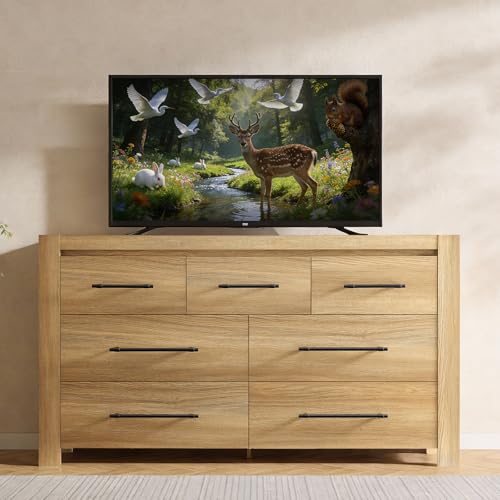 Image of 7 Drawer Dresser for Bedroom, 57.4 inch Wide Modern Chest of Drawers, Wooden Large Storage Cabinet with Sturdy Construction, TV Stand for Living Room, Hallway, Dining Room, Office (Natural Oak)