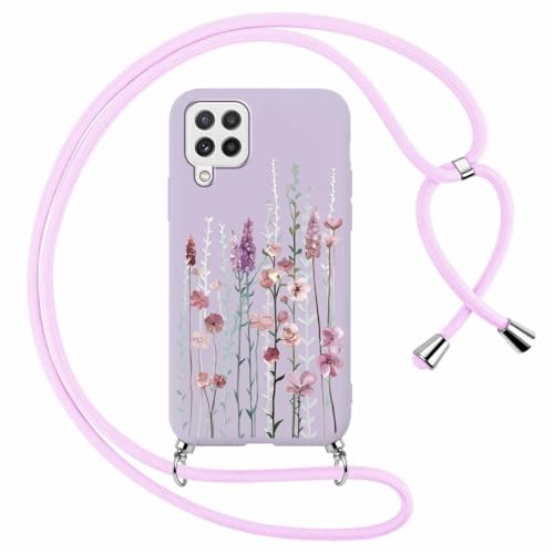 Foonary Funda con Cuerda para Samsung Galaxy A22 4G / M32 / M22 6,4', Carcasa Ultrafina Silicona Aesthetic Dibujos Case con Ajustable Collar Correa de Cuello Cordón Antigolpes Cover, Lavanda