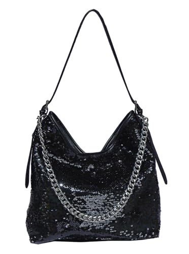 Bolsas de couro envernizado com lantejoulas brilhantes bolsas Shouder elegante bolsa Hobos de corrente, Preto