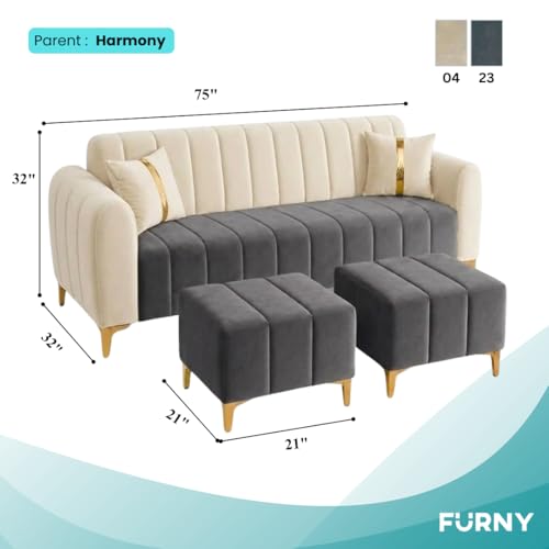 Image of FURNY Harmony 5 Seater L Shape Sofa Set with 2 Movable Ottoman & Golden Legs | Flexible Left or Right Layout | Plush Velvet Fabric (Dark Grey-Cream) | Perfect for Living Room, Guest Room & Office