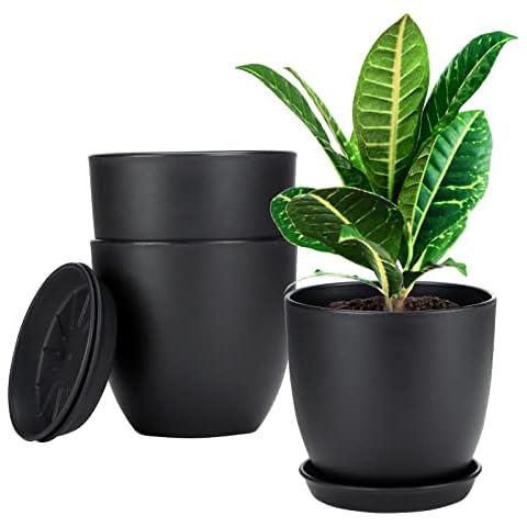 Plastic Planter Pots with Saucers, Greaner 5.5in Durable Plant Pots with Drainage Holes, 3 Pack Modern Indoor Flower Pot with for All House Plants, Herbs and Seeding Nursery, Matte Black Cover