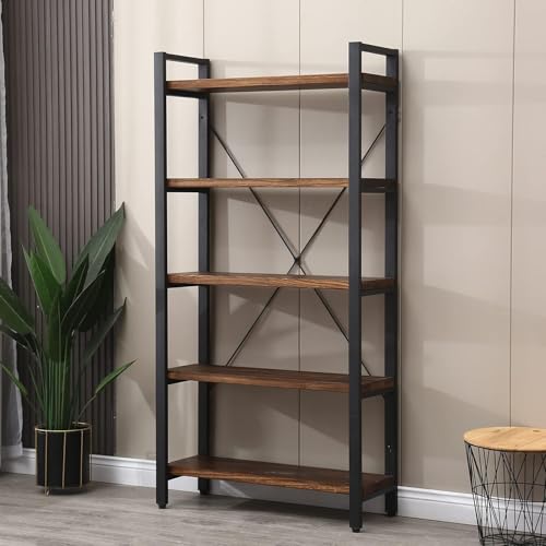 Image of 5-Tier Industrial Bookshelf with Solid Wood Shelves & Metal Frame | Open Display Storage Rack for Living Room, Bedroom, Office, Study | Book self | Rustic Brown | 80x30x160 cm