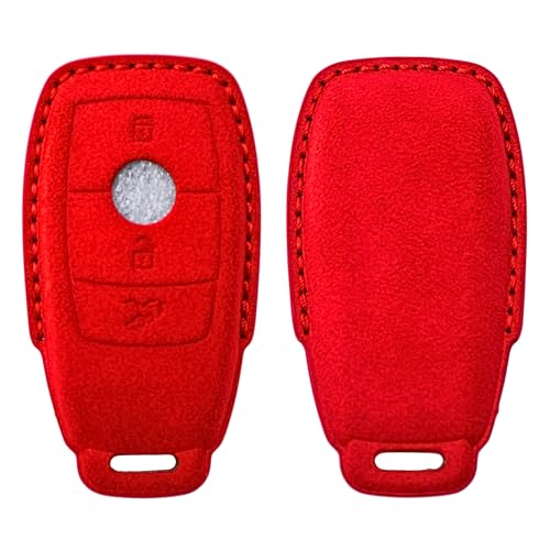 Image of KMH Alcantara Car Key Cover Compatible with Mєrcєdєs W205, E320L, C200, C180, C260, C300 Series Model 3 Buttons Shell Case Holder Full Key Protector Smart Keycover, Red - Pack of 1