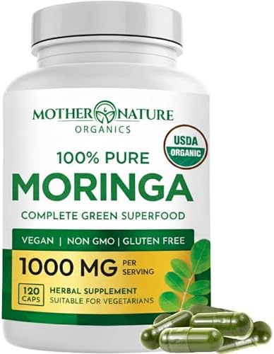 Mother Nature Organics Moringa Capsules – Organic Moringa Leaf Powder, Single Origin, Energy & Immune Support, Metabolism, Focus, Vitamin C – Vegan, 500mg, 120 Capsules