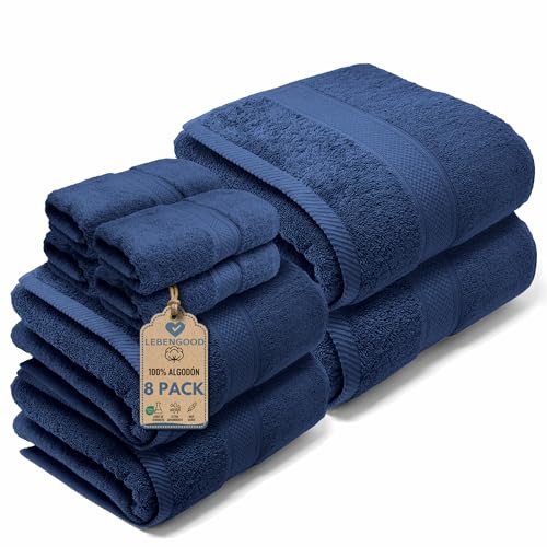 LEBENGOOD Juego de Toallas Baño Completo 100% Algodón Premium 550gsm | 4 Toallas Tocador (30x30), 2 Toallas Lavabo (50x90), 2 Toallas Ducha (70x140) | Suaves, Absorbentes y Resistentes (PACK 8 Azulon)