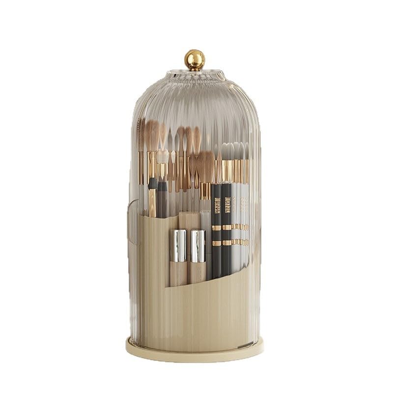 Concealed Toothbrush Holder, Makeup Brush Holder Organizer with Lid 360 Rotating Clear Dustproof for Dresser Tabletop Bathroom Countertop (Beige-A)