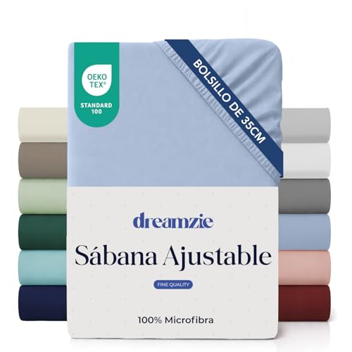 Dreamzie Sabanas 150x190/200 cm   Esquinas de 35 cm para Colchones Gruesos   100% Microfibra, Azul, Certificada sin Productos Químicos (Oeko Tex), Sabanas Bajeras Completamente Elásticas