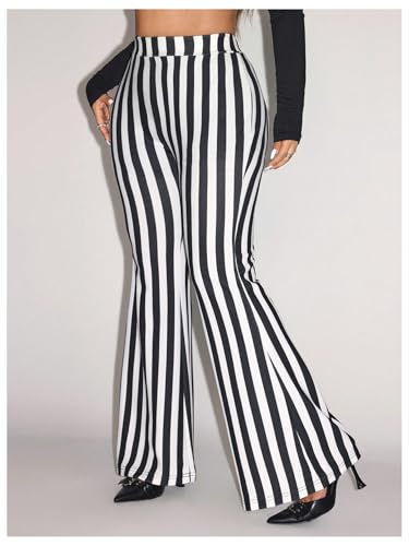 WDIRARA Women's Plus Size Striped Flare Pants Elastic Waist Bell Bottoms Pants3