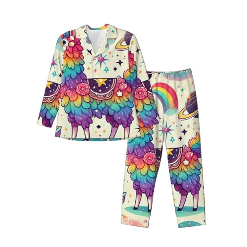 Mens Long Sleeves Pajama Set Space Rainbow Llamacorn Cozy Two-Piece Loungewear For Nighttime Comfort,Casual Wear