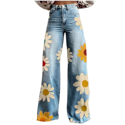 Women's Wide Leg Jeans Flower Printed High Waisted Denim Pants Comfy Casual Pants with Pockets Loose Fit Trousers