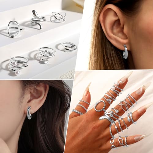 Image of CHICUTIE Gold Jewelry Set For Women,14k Gold Plated Multi Layer Necklaces Bracelets Hoop Earrings Set Stackable Knuckle Rings, Trendy Elegance Charms Non Tarnish Minimalist Textured Boho Jewelry Gift