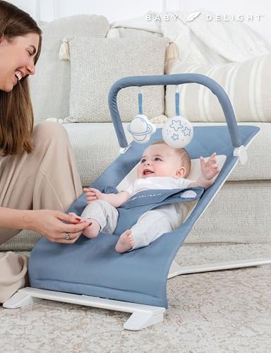 Image of Baby Delight Alpine Deluxe Portable Bouncer, Organic Dusty Blue | Infant 0-6 Months, 3-Position Recline, 3-Point Safety Harness, 100% GOTS Certified Cotton Fabric Removable & Washable Cover