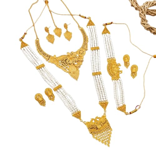 Exquisite Traditional Gold-Plated Pearl Jewelry Set For Women Multi-Strand Statement Necklace Earrings And Bracelet Elegant Ethnic Accessories For Weddings Festivals And Special Occasions-image-22