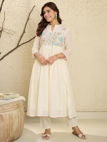 Image of INDO ERA Women's Pure Cotton Embroidered A-Line Kurta & Pant with Dupatta Set | Cotton kurta sets for women