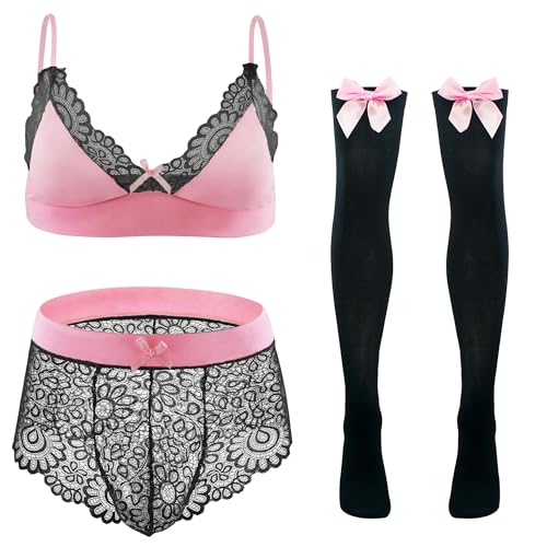 Panegy Sissy Lingerie Set for Men Male Lace Floral Bra and Panty Set Bowknot Stocking 3 Pcs