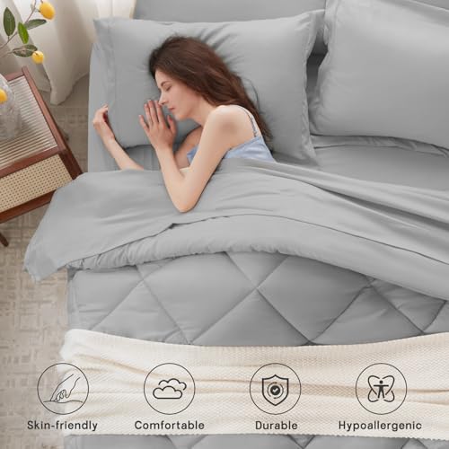 Anluoer Full Comforter Set,Light Grey Bed in a Bag 7 Piece,Lightweight Bedding Set with Soft Down Alternative Fill,Bed Set Includes Comforter, Fitted Sheet, Flat Sheet,Pillowcases and Shams